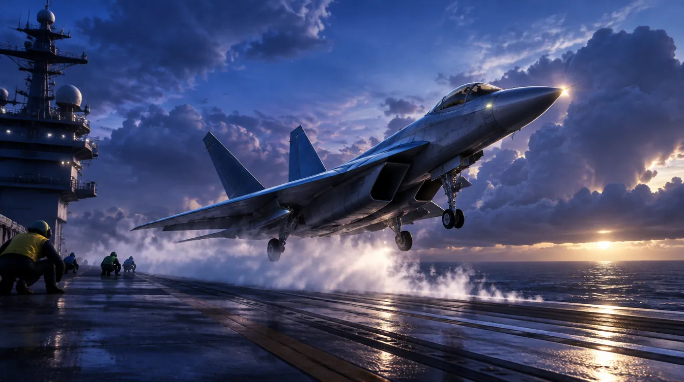 Jet diluncurkan dari ketapel kapal induk saat senja, uap ketapel mengalir di dek