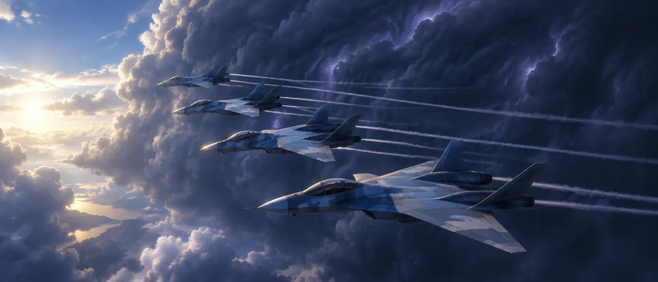 Empat jet Kite Squadron dalam formasi finger-four di depan badai dinding Varda Shear, contrail ganda di belakang tiap jet