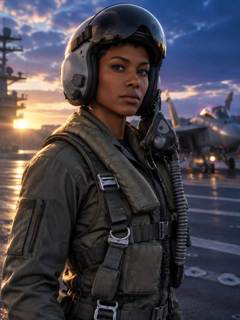 Tally, pilot wanita dengan helm bervisor terangkat di dek kapal induk saat senja