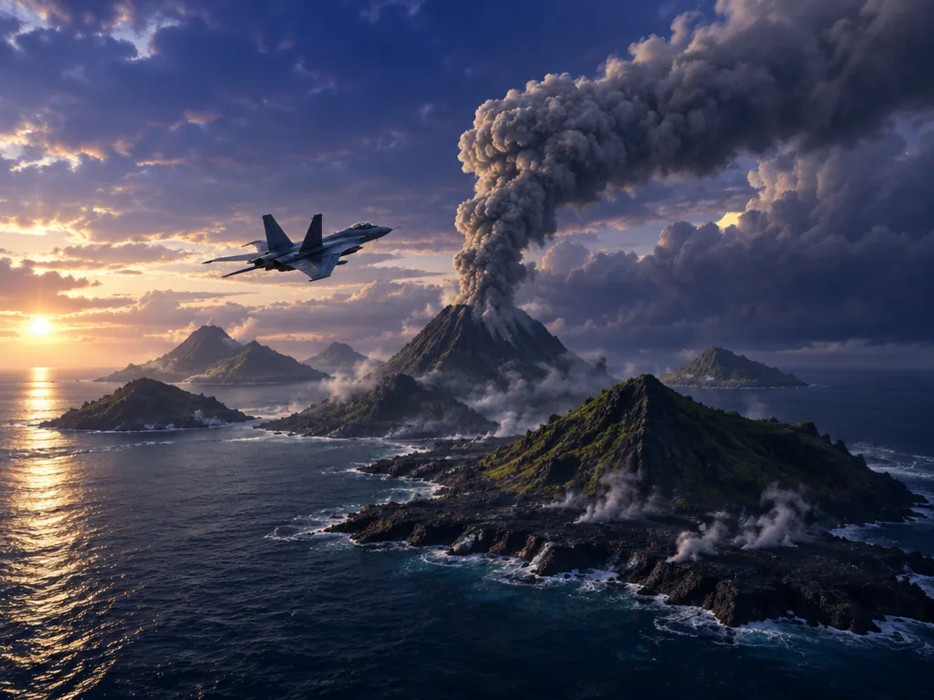Jet melintas di samping kolom abu gunung api di Cinder Isles saat senja