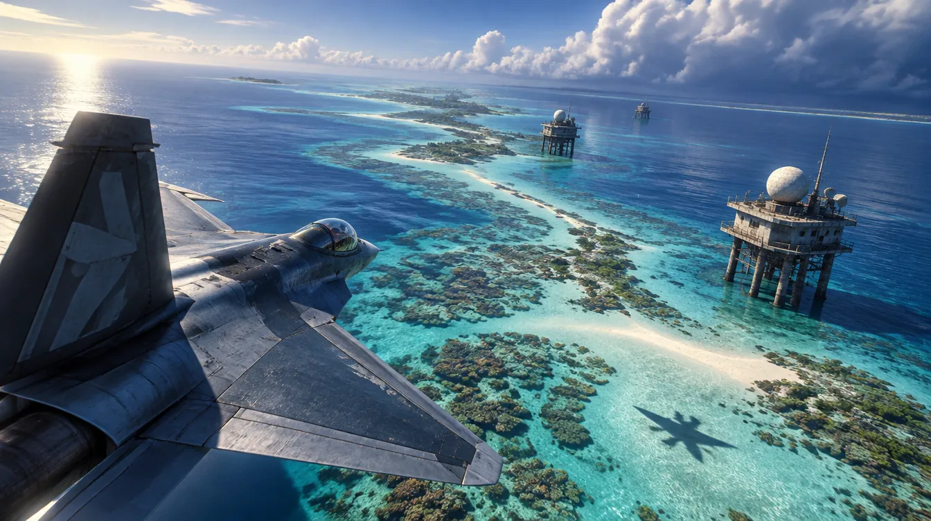 Jet menikung rendah di atas karang dangkal Glasshead Reefs dan menara radar tua